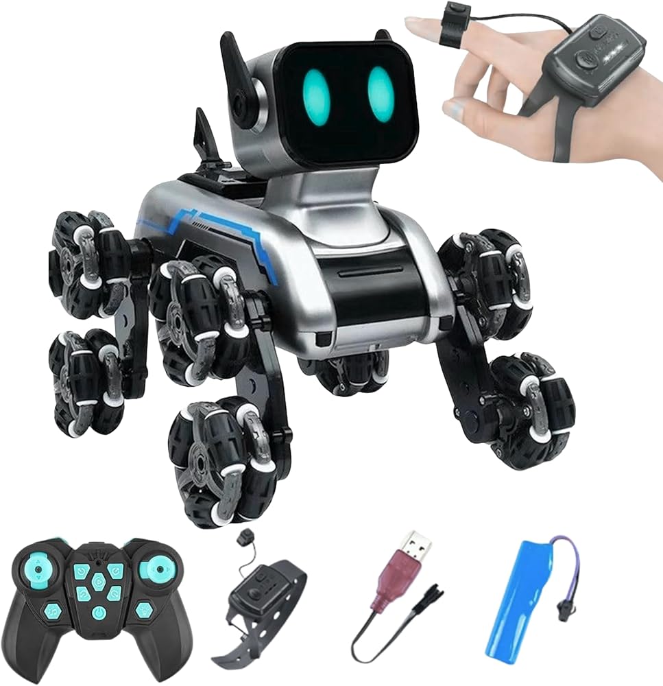Giffy/Oyuncak 2.4 GhZ Uzaktan ve Bilekten Kumandalı Şarjlı 8 Teker Akrobat Robot Köpek Müzikli ve Led Işıklı Full Fonksiyon Akıllı Köpek Yavrusu Çift Kumanda Kontollü