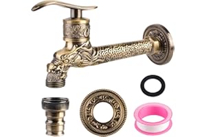 BYZESTY Kran w stylu vintage, antyczny mosiężny kran, montaż ścienny, rzeźbiony smok, kran ścienny, do domu, kuchni, łazienki, ogrodu, na zewnątrz (A)