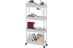 Ronlap 4 Tier Storage Trolley On Wheels, Narrow Kitchen Storage Unit with Handle Hook Lock Wheels, Slim Storage Trolley for Kitchen Bathroom Laundry Room, Grey