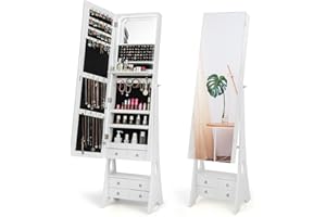 COSTWAY Szafka na biżuterię z lustrem, z oświetleniem, szafka z lustrem na biżuterię z szufladami i składaną półką, idealna do makijażu (kolor biały)