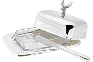 Edzard Scatola per Burro Cervo per 250 g di Burro, 13 x 18 cm, Argento pregiato Placcato, lucidato, con Inserto in Vetro, Coltello Incluso