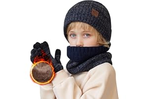 TMEOG Bonnet Enfant Cache Cou Gants Garcon Fille Tour de Cou Polaire Snood Bonnet Hiver Gants Tactiles Ensemble Bonnet Echarpe Gant 4-10 Ans