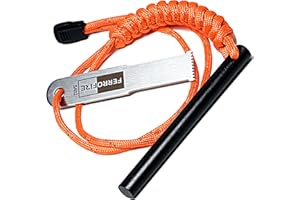 FERROFIRE Super-Duty Heavy Duty Classic Ferro Rod Fire Starter with 4 Inch Long Flint Ferrocerium Rod Carbon Steel Striker Orange 550 Paracord Lanyard Handle for Camping Emergency Survival