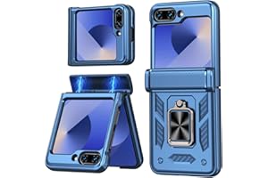 WEYNRBOX Z Flip 6 Hülle,Samsung Galaxy Z Flip 6 Hülle mit Scharnierschutz & Displayschutzfolie,360°Magnetisch Ring Ständer,Militär Stoßfest Schutzhülle Panzerhülle für Samsung Z Flip 6 5G Handyhülle-Blau
