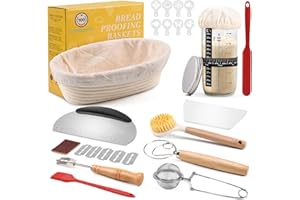 Clheatky Cestino Pane Lievitazione 11-pezzi, Set Lievitazione Pane Rattan 25cm Ovale, Kit Completo di Lievito Madre, Grande Regalo per Principianti, Panettiere Esperto
