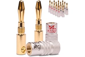 NAUC Bananenstecker für Lautsprecherkabel - 18 Stück Stecker als Set - Steckverbinder 24K vergoldet schraubbar - für HiFi Receiver Verstärker