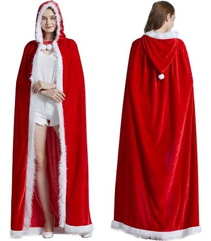 Cape Rouge Noël Avec Capuche - Fausse Fourrure Blanche - Pour Déguisement, Fêtes, Halloween (120cm) - 6