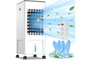 SHAVINGFUN Chłodnica powietrza do domu, przenośny klimatyzator z pilotem zdalnego sterowania i wyświetlaczem LED, timer 8H, zbiornik na wodę 8 l z 4 opakowaniami na lód, regulowana prędkość, oscylacja