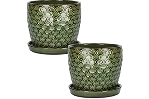KOTARBAU® Lot de 2 pots de fleurs en céramique pour plantes - Diamètre : 17 cm - Vert vintage - Avec bac d'égouttement - Motif écailles de poisson
