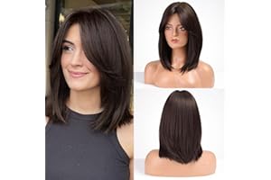 ‎HAIRCUBE HAIRCUBE Damen Perücke 16 Zoll Dunkelbraun Synthetische Perücke mit Bangs Welle für Täglich und Cosplay