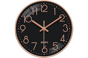 VIKMARI Silent Wall Clock 10 Inch Battery Operated Non-Ticking 3D Gold Number Quartz Sweep Analog Clock Decorative for Bedroom Office Bathroom(Rose Gold Black)