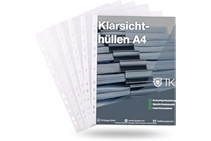 ‎TK GRUPPE TIMO KLINGLER 100 x koszulka na dokumenty - bardzo grube - A4 okładka na zeszyt przezroczyste DIN A4 - przezroczyste folia z otworami