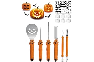 Vicalo Halloween Kürbis Schnitzset, 15 Stück Edelstahl Schnitzwerkzeug Kürbis Set mit Kerzen DIY Halloween Schnitzvorlagen, Kürbis Schnitzmesser für Kinder Erwachsene Halloween Dekoration