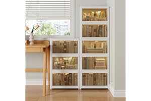 Abyssaly Stackable Plastic Storage Boxes with Lids, Foldable White Storage Box on Wheels, Large Collapsible for Bedroom, Wardrobe, Clothes, Toys 5Pack/60L