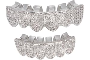 ZWINNER Dents de Diamant Grillz, Grilles En Cuivre Plaqué à Froid pour Vos Dents, Dents de Vampire Réutilisables pour Enfants Hommes Femmes, Décoration Des Dents pour La Fête D'halloween,(Argent)