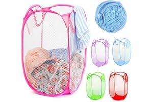 PLASTIFIC Foldable Pop Up Mesh Washing Laundry Basket Bag Bin Hamper Toy Tidy Storage Organiser Laundry Net Bag Clothes Bags (1 x Pink Foldable Basket Bag)