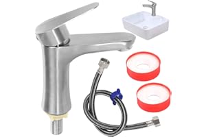 KUHAWL Einhebel Wasserhahn Bad, Gäste WC Wasserhahn Kaltwasser, Edelstahl Waschtischarmatur Kaltwasserarmatur mit 60cm Anschlussschlauch für Bad Gäste WC Handwaschbecken nur Kaltwass