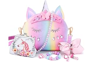 JYPS Sac à Main Licorne pour Petites Filles, 7PCS Sac à Bandoulière Mignon pour Enfants avec Dress up Jewelry Set Faire Semblant Accessoires de Jeu, Cadeau d'anniversaire Licorne Cadeau Fille Jouet