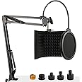 Frgyee Microphone Isolation Shield with Mic Stand and Pop Filter, Foldable Sound Shield for Most Condenser Microphone, High Density Absorbent Foam to Filter Vocal
