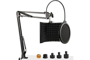 Frgyee Microphone Isolation Shield with Mic Stand and Pop Filter, Foldable Sound Shield for Most Condenser Microphone, High Density Absorbent Foam to Filter Vocal
