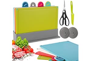 TJ POP Chopping Board Set of 4, Plastic Index Cutting Board with Stand & Food Icons, Non Slip Color Coded Chopping Boards for Kitchen, Dishwasher Safe - Round Index Icon