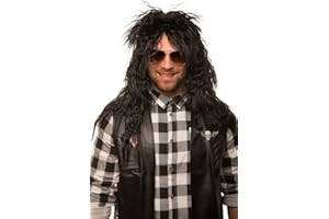 BALINCO Peluca Rocker Pop Negra Peluca Hombre Pelo Largo Rizado Heavy Metal Alice Cooper Rambo Metaler 80s