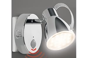 TRANGO 2635-018 Lampka nocna LED z czujnikiem *MILO* z czujnikiem ruchu i funkcją automatyczną w chromie Światło bezpieczeństwa bezpośrednie 230V, lampka cokołowa, lampka orientacyjna, lampka cokołowa