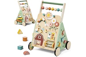 Lehoo Castle Wooden Baby Walker, Push Along Walker Baby Toys for 1 2 Year Olds, 13 in 1 Multiple Learning Walking Activity Center Christmas Gifts for Boys Girls Age 12 Months+