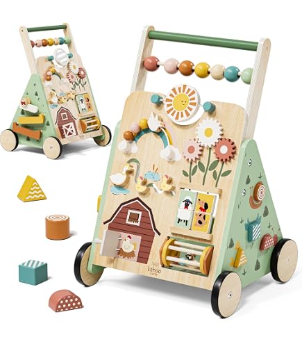 COSTWAY Trotteur Bébé En Bois Avec Panneau De Jeu - Chariot De Marche 3 Ans Avec Roues Antidérapantes Et Rangement