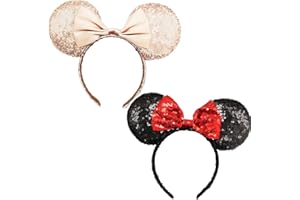 2 Pcs Mouse Ears Headbands, LONTOM Shiny Mouse Ears, Glitter Party Princess Decoration Cosplay Costume with Cute Bow for Women Girls, Birthday Outfit Lovely Headwear Accessories (Gold&Black)