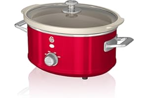 Swan Retro SF17021RNEU - Pentola per cottura lenta, 3,5 l, rimovibile, antiaderente in ceramica libera PFOA e PTFE, 3 livelli di temperatura, coperchio in vetro, Slow Cooker, design vintage, rosso