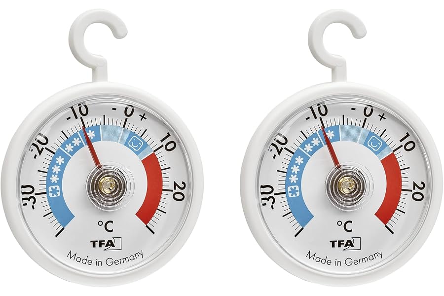 TFA Dostmann 2er Set Analoge Kühlthermometer mit Haken, 95.1036, handlich, mit Kühlzonen, für Kühlschrank, Gefrierschrank und
