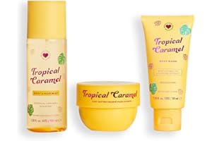 I Heart Revolution, Tropical Caramel Bath & Body Gift Set, Set Mini All-In-One per Capelli e Corpo per l'Estate, Profumo Dolce, Vegano e Non Testato su Animali
