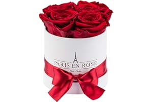 PARIS EN ROSE Rosenbox | mit 4 Bordeaux-roten Infinity Rosen Größe XL | konservierte ewige Rose | runde weiße Box mit Schleife | 3 Jahre haltbar