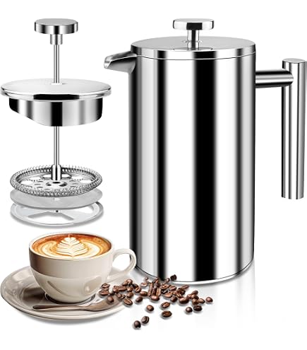 Cafetière à Piston Inox 1000ml Kabalo - Double Paroi Isotherme 8 Tasses - Avec Cuillère Mesure