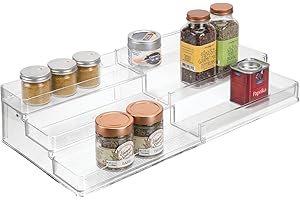 mDesign Regulowana pó?ka kuchenna organizer – Trzypoziomowy stojak na przyprawy – Funkcjonalny organizer kuchenny – Prze?roczysty