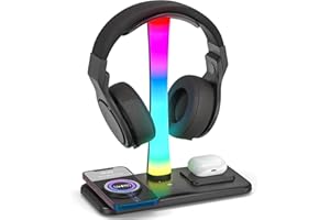 Jubor 3 in 1 RGB Gamning Kopfhörer Ständer, Headset Halterung mit 15W Wireless Ladegerät, Gaming Kopfhörer Halter mit 9 Lichtmodi Speicherfunktion für Alle Kopfhörer