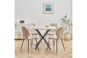 DEYARNA HOME Essgruppe 5-Teilig, 100cm Runder Esstisch und 4 Leinen-Esszimmerstühle, Esstisch und Stühle für 4 Personen, 4 Stühle & Tisch für Küche, Esszimmer und Wohnzimmer (Weiß/Schwarz+Khaki)