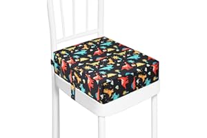 CAVWVTYU Asiento Elevador para Niños, Asiento Elevador Infantil Cojines para Tronas para Bebé de Lavable y Ajustable Elevador de Asiento para Silla de Comedor (Negro Dinosaurios)