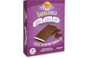CÉRÉAL BUONI SENZA, Golosi al cioccolato fondente, Snack senza zuccheri aggiunti, Biscotti ricoperti di cioccolato senza glutine e senza lievito, 77 calorie per barretta, 102 gr, 6 barrette