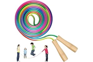 VAILEAL Tęczowa skakanka, 5 m, długa skakanka dla dzieci z drewnianym uchwytem, regulowana skakanka dla dzieci, dla dorosłych, drewniany uchwyt, skakanka dla dzieci, z bawełny, na urodziny, dzień dziecka