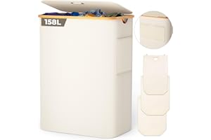 OUSFOT Panier à linge 3 compartiments avec couvercle 158L corbeille a linge pliable en tissu Oxford 600D avec sac à linge amovible panier à linge sale en bambou bac a linge Laundry baskets Beige
