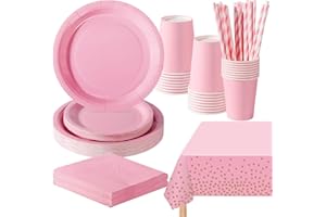PYAILI Stoviglie per Feste 121 Pezzi Rosa Chiaro Festa della Addobbi Ragazza di Compleanno dei Dambini Articoli per Feste Set Include Piatto Carta Party Tazze Tovaglioli -24 Ospiti