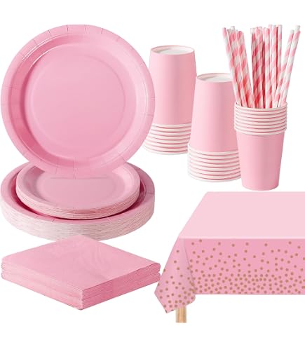 Piatti di carta e tovaglioli rosa chiaro, set di piatti usa e getta rosa con posate rosa, decorazioni per feste rosa per compleanni, baby shower, gender reveal e feste di compleanno per