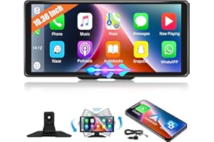 CAMECHO 10.36 Inch Portable Carplay Screen for Car, Wireless Apple CarPlay Android Auto Support Voice Control Bluetooth Handsfree FM Radio Mirror Link GPS AUX