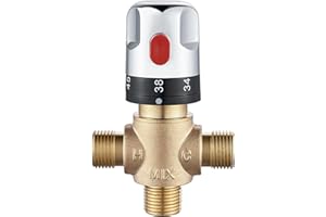 kisimixer Thermostatic Mixing Valve for Shower System Water Temperature Control Pipe Basin Thermostat Control, Solid Brass 3-Way Hot Cold Water Regulator 1/2" BSP (15mm) Connection