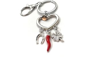 MODA MavillA Portachiave portafortuna Cuore quadrifoglio Corno ciampa di cavallo acciaio confezione regalo inclusa