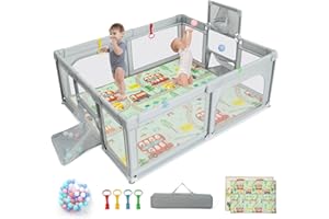 COSTWAY 188 x 157cm Laufstall Baby Faltbar, Laufgitter mit Matratze, Basketballkorb, Fußballnetzen, 50 Spielbällen, Krabbelgitter mit atmungsaktivem Netz, Tragetasche für Kleinkinder (Klein, Hellgrau)