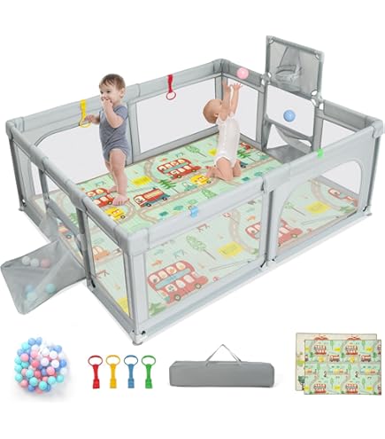 COSTWAY Babybox 189 x 158 cm, box met 50 speelballen, 4 trekringen en 4 ritsdeur, kruipruimte met ademend net, box voor peuters (zonder matras, lichtgrijs