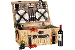 Les Jardins de la Comtesse - Panier Pique-Nique Louvre en Osier - Complet pour 6 Personnes - Compartiment Isotherme - Assiettes en Céramique et Verres à Pied en Verre - Tissu Marron - 60 x 40 x 26 cm